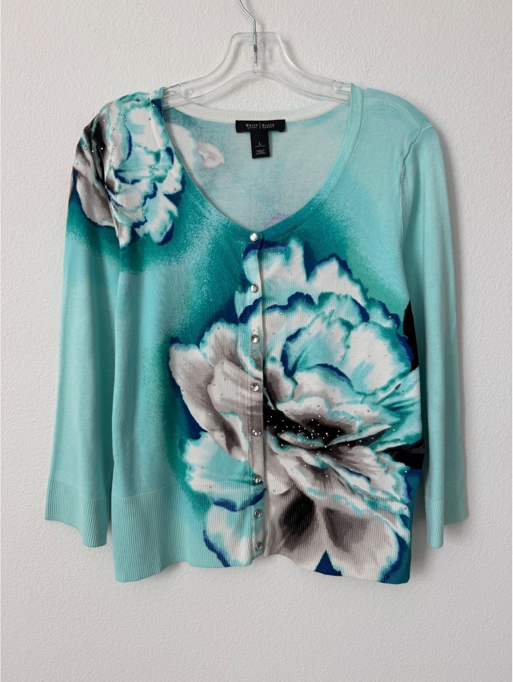 WHBM 3/4 Sleeve Snap Button Up Embellishments Floral Cardigan Sweater Size L